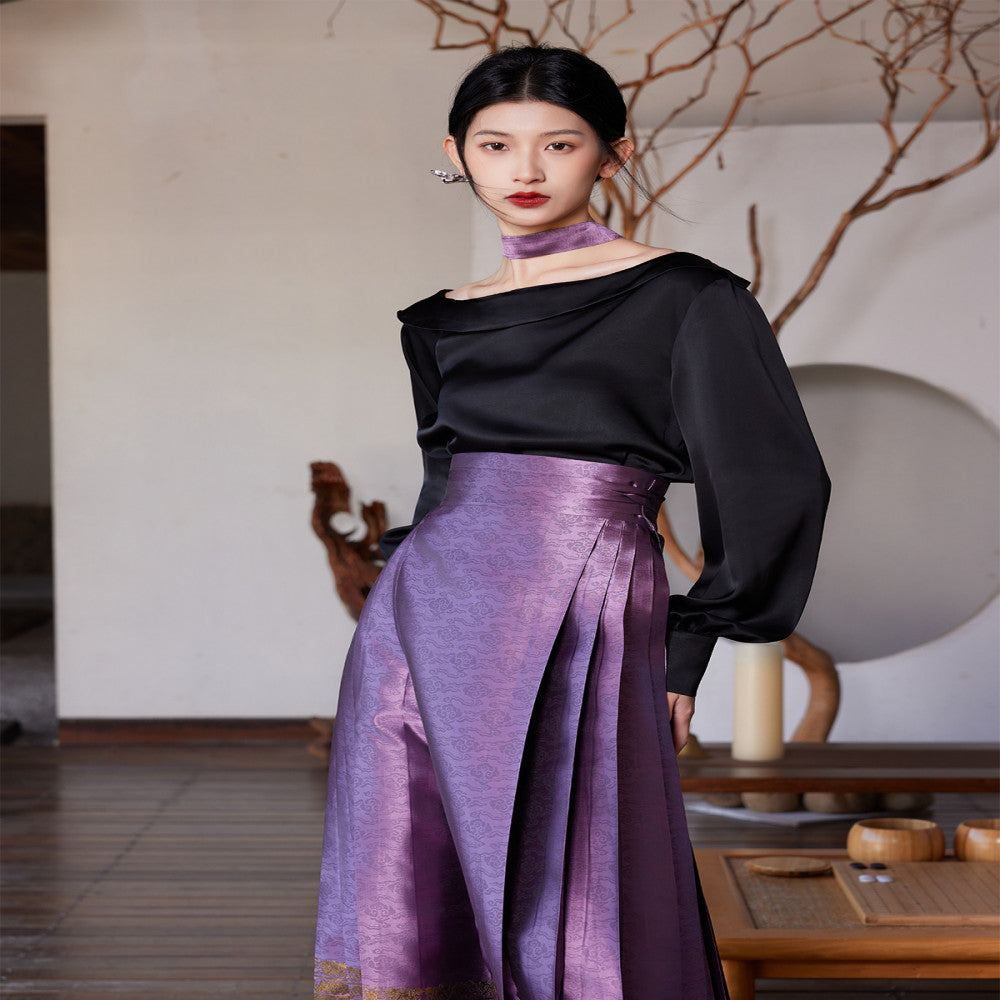 Listening to Xunfuyao s Spring Summer New Hanfu Women s Original Chinese Style Improved Horse Face Skirt with High Waist and One Shoulder Shirt Top image 2