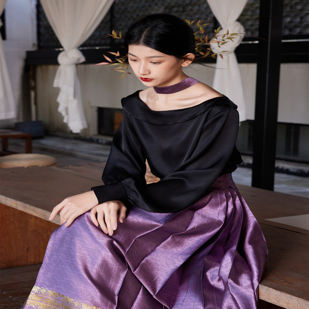 Listening to Xunfuyao s Spring Summer New Hanfu Women s Original Chinese Style Improved Horse Face Skirt with High Waist and One Shoulder Shirt Top image 3