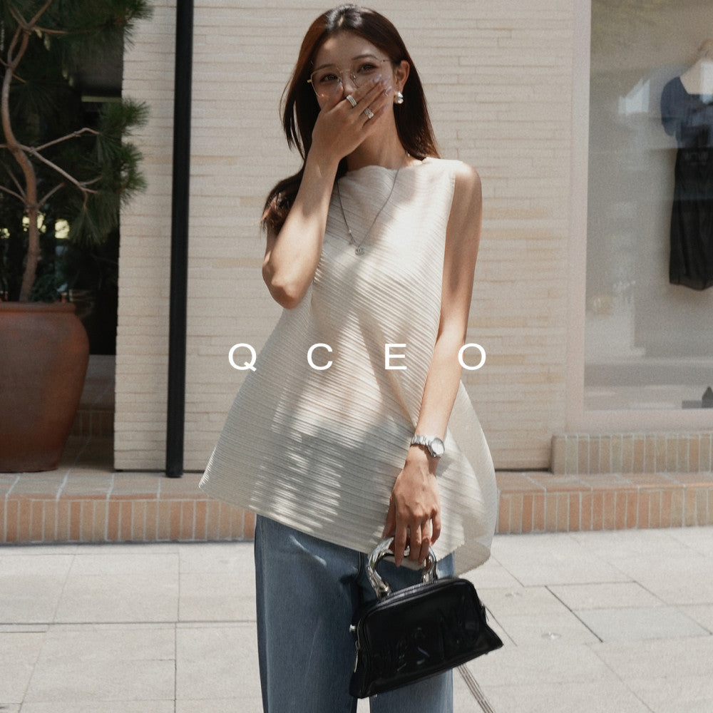 QCEO Advanced Sleeveless Horizontal Stripe Texture Three House Round Neck Thin Top Irregular 3D T shirt Vest Women s Summer image 6