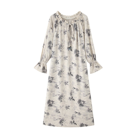 ASAYA3078 Lu Qingyi Ruffled Round Neck Ink Printed Long Skirt