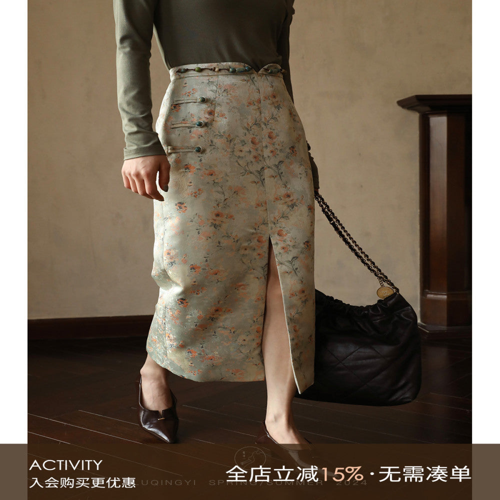 Lu Qingyi Original Flower Full Creek New Chinese Jacquard Half length Skirt for Women in Spring and Autumn Handmade Beaded Split Straight Tube Skirt image 0