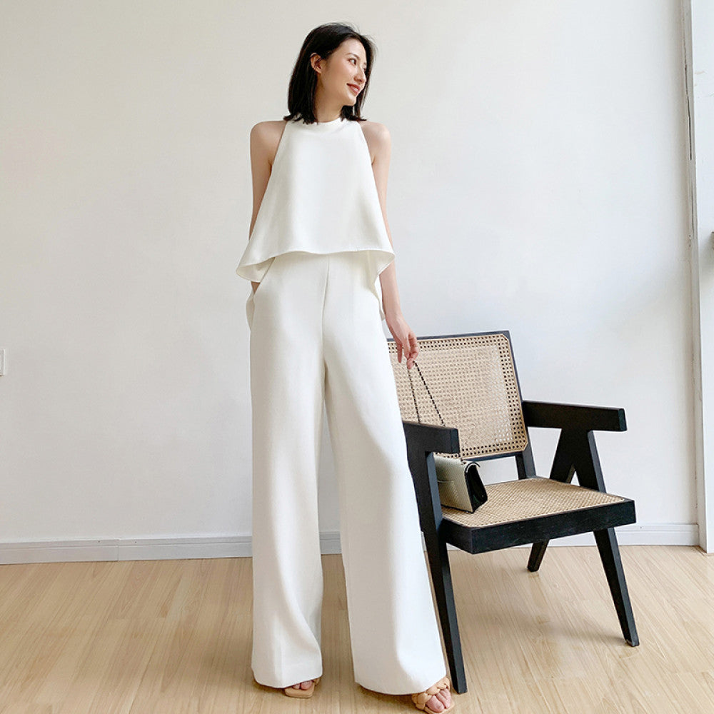 White jumpsuit women s summer 2025 new design sense high waist slimming temperament chiffon one piece wide leg jumpsuit image 0