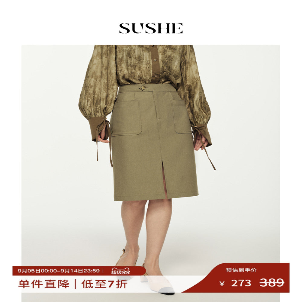 Outlet for sale SUSHE deconstructive new Chinese style standing cut double pleated patch bag with slit high waisted skirt for women image 1