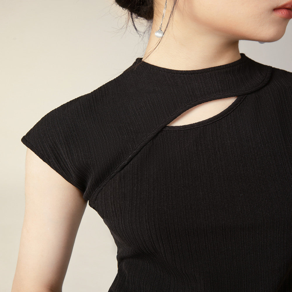 Yiyan New Chinese Knitted Top for Women 2024 New Black Texture Broken Cave National Style Slimming T shirt Short Sleeve image 2