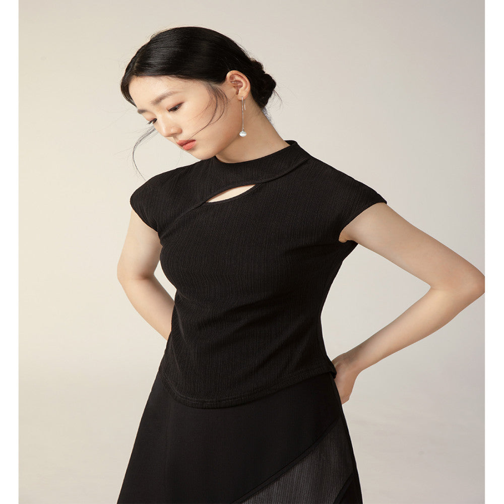 Yiyan New Chinese Knitted Top for Women 2024 New Black Texture Broken Cave National Style Slimming T shirt Short Sleeve image 0