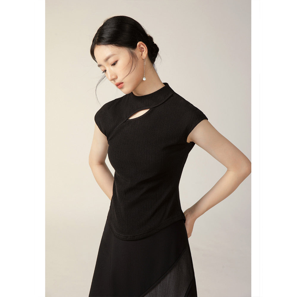 Yiyan New Chinese Knitted Top for Women 2024 New Black Texture Broken Cave National Style Slimming T shirt Short Sleeve image 9