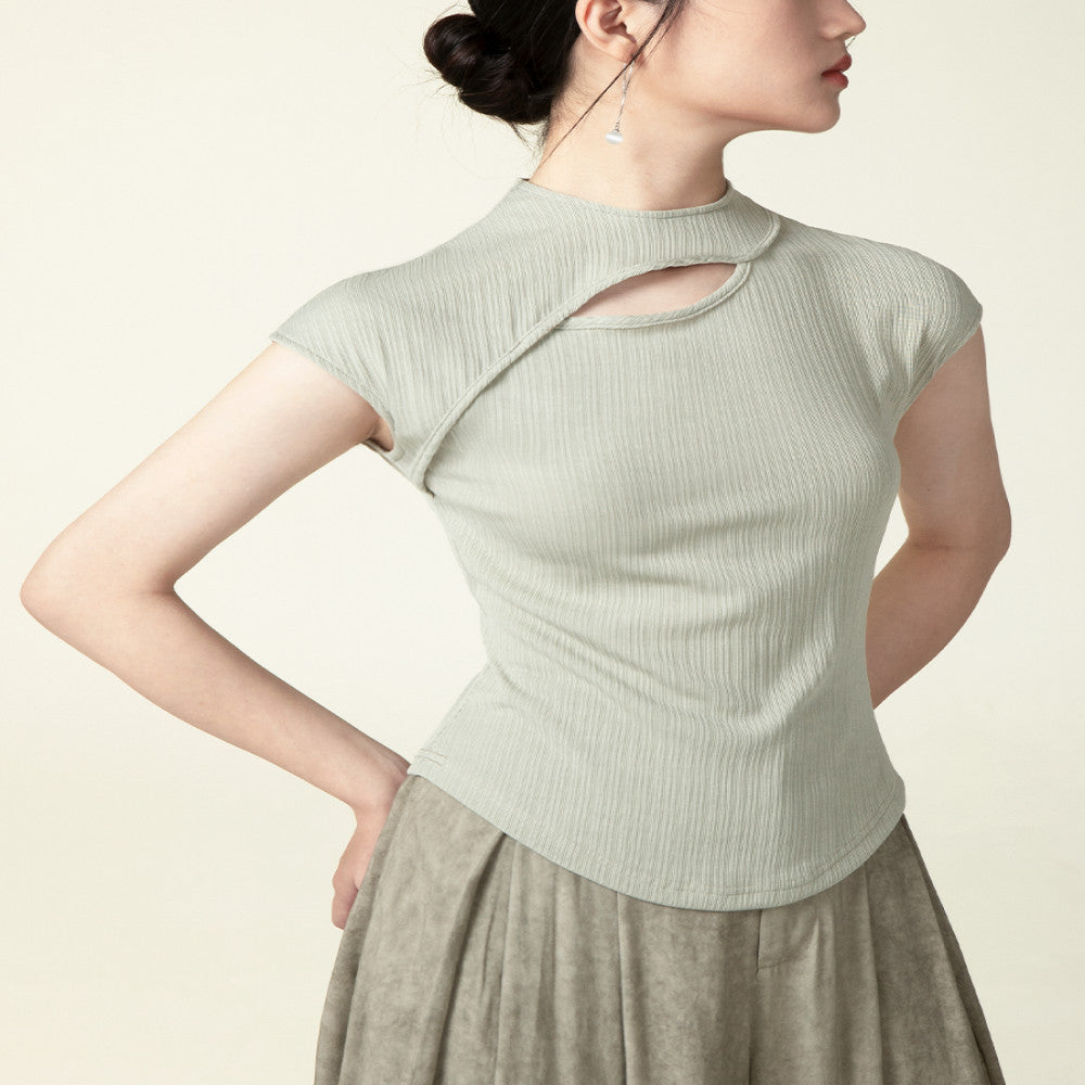 Yiyan New Chinese Knitted Top for Women 2024 New Black Texture Broken Cave National Style Slimming T shirt Short Sleeve image 24