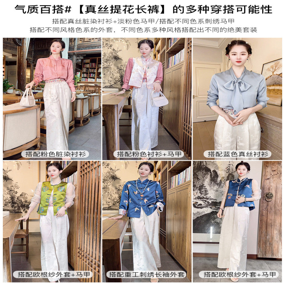 High quality goods Heavy Industry Embroidered Silk Jacquard White New Chinese Style Wearing National Style Pants Children s 2025 Early Spring Wide Leg Pants image 2