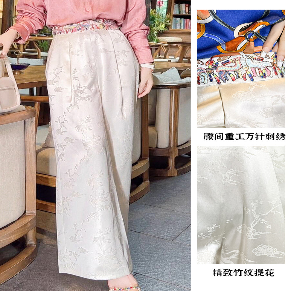 High quality goods Heavy Industry Embroidered Silk Jacquard White New Chinese Style Wearing National Style Pants Children s 2025 Early Spring Wide Leg Pants image 3