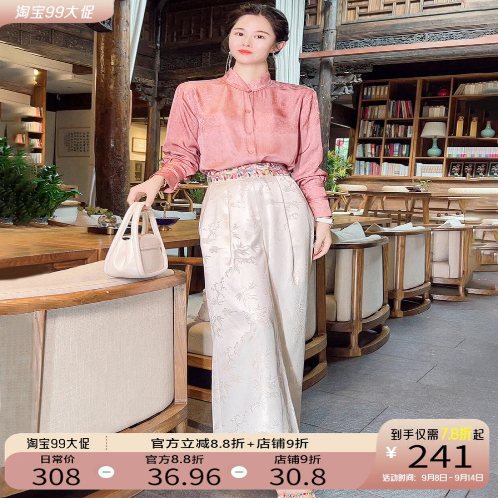 High quality goods Heavy Industry Embroidered Silk Jacquard White New Chinese Style Wearing National Style Pants Children s 2025 Early Spring Wide Leg Pants image 0
