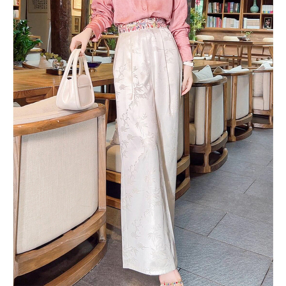 High quality goods Heavy Industry Embroidered Silk Jacquard White New Chinese Style Wearing National Style Pants Children s 2025 Early Spring Wide Leg Pants image 9