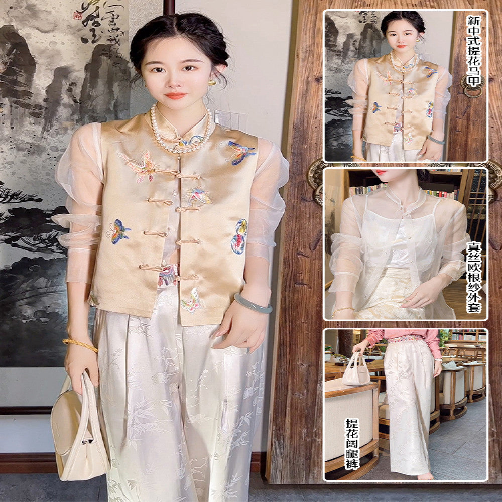High quality goods Heavy Industry Embroidered Silk Jacquard White New Chinese Style Wearing National Style Pants Children s 2025 Early Spring Wide Leg Pants image 41