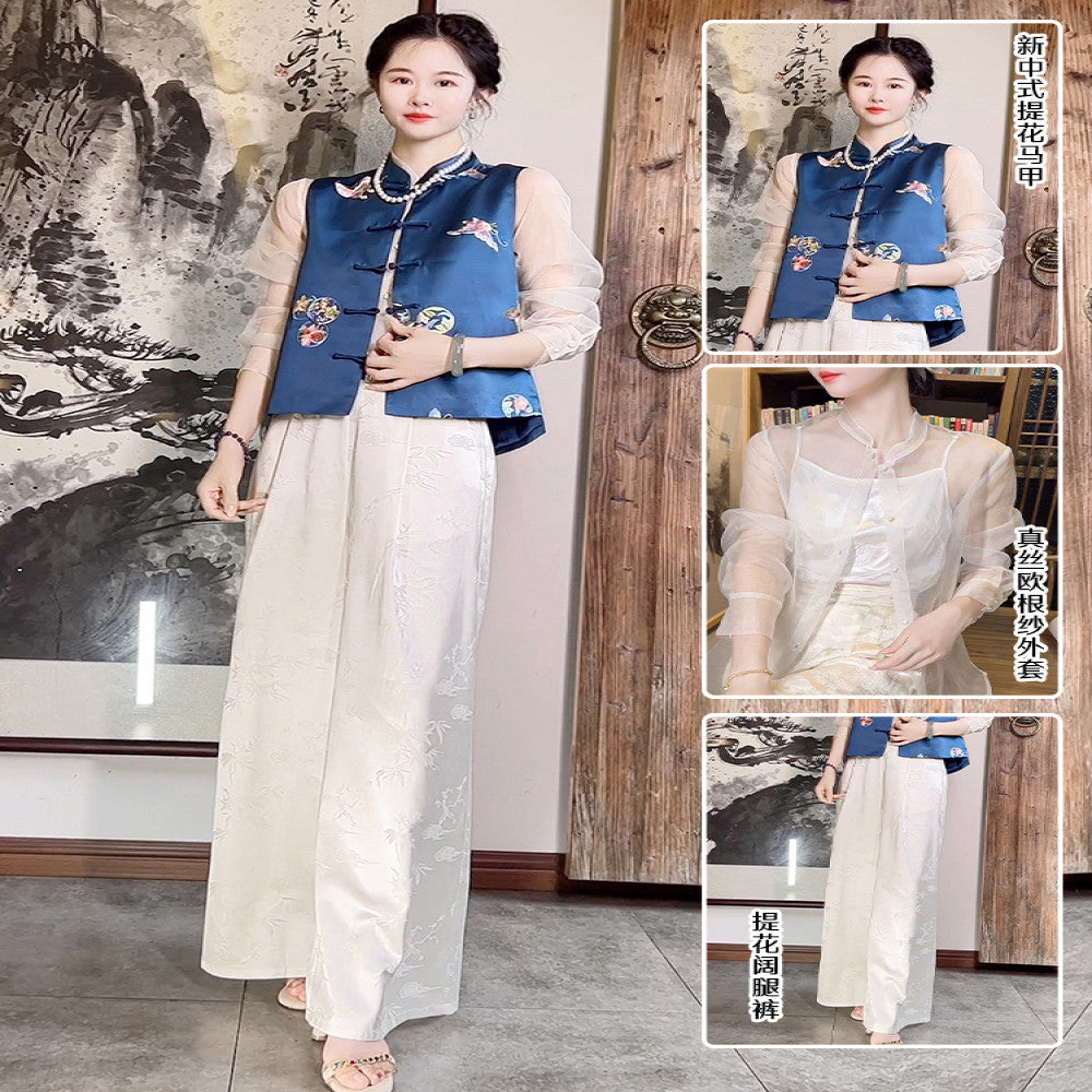 High quality goods Heavy Industry Embroidered Silk Jacquard White New Chinese Style Wearing National Style Pants Children s 2025 Early Spring Wide Leg Pants image 54