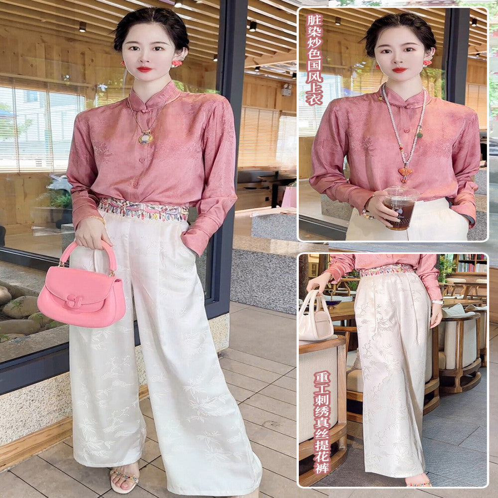 High quality goods Heavy Industry Embroidered Silk Jacquard White New Chinese Style Wearing National Style Pants Children s 2025 Early Spring Wide Leg Pants image 56