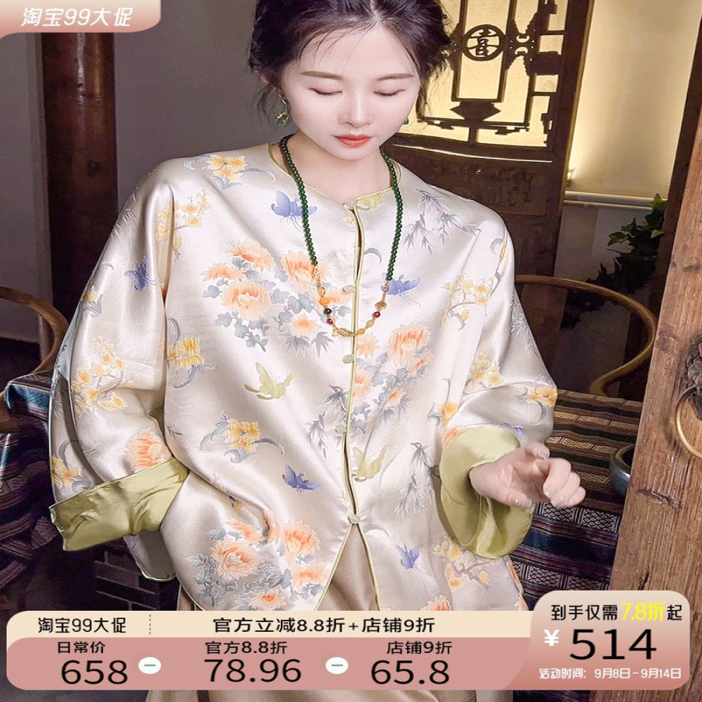 Thirteen Crown Crepe new Chinese style women s silk jacket women s light national style 2025 early spring mulberry silk top image 1