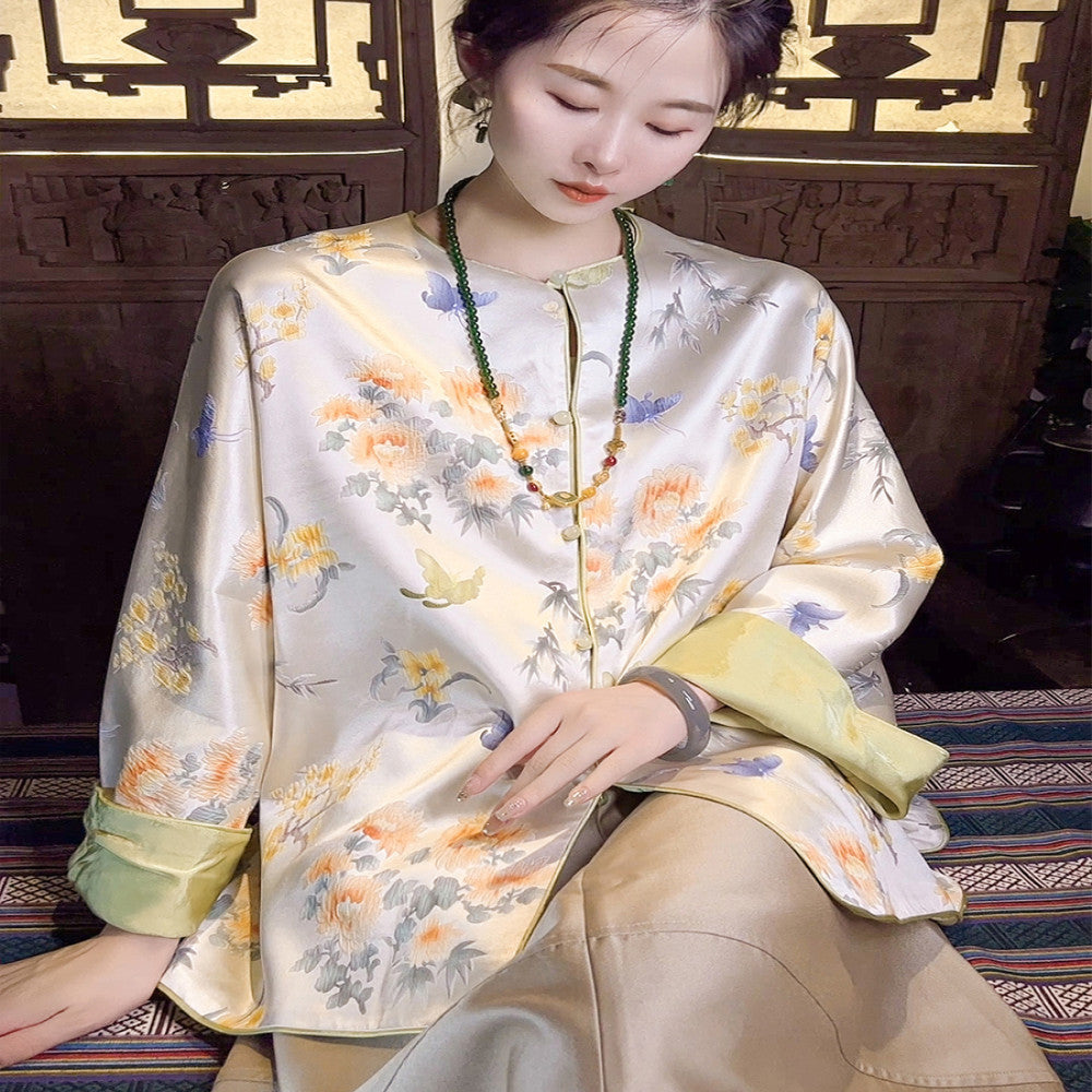 Thirteen Crown Crepe new Chinese style women s silk jacket women s light national style 2025 early spring mulberry silk top image 4