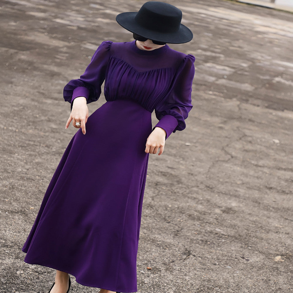 Lanser s 2025 autumn new style elegant and high end style stand collar lace up long sleeved waist cinched solid color dress for women image 8