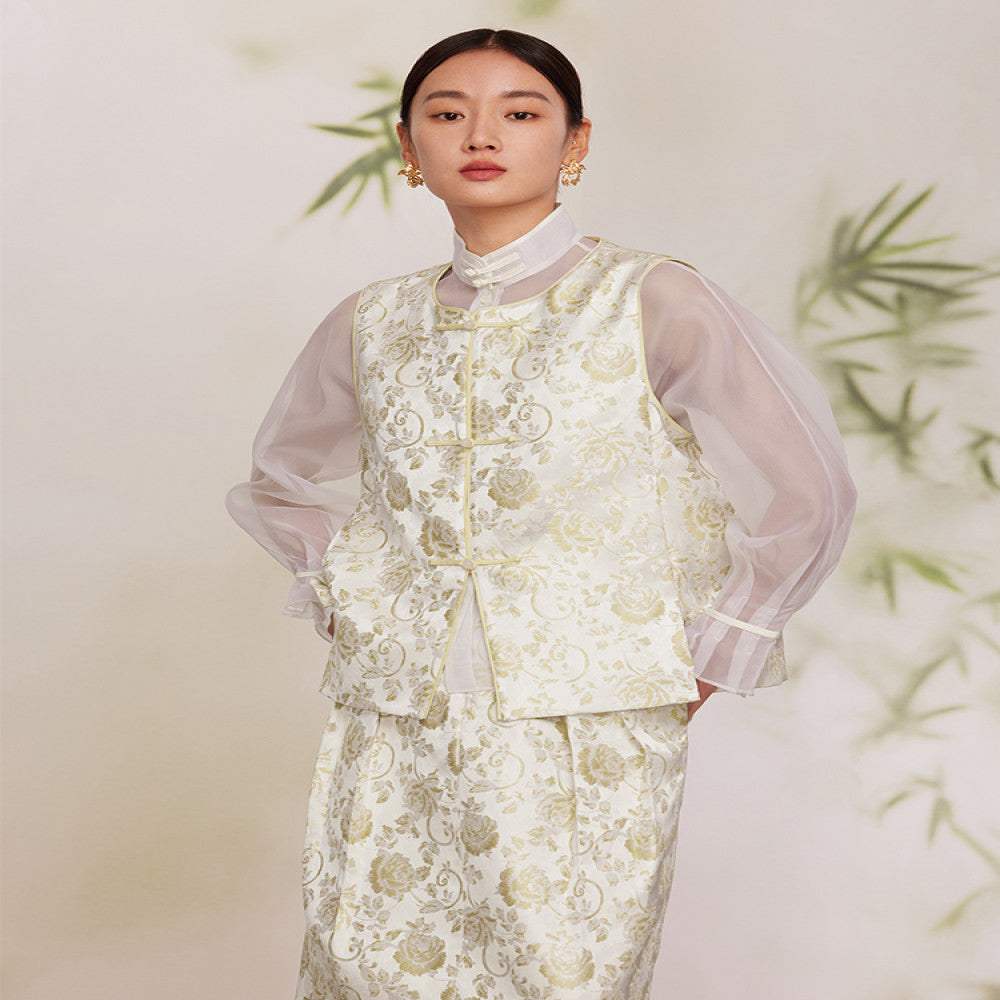 Ruyi Lianyun Mingse New Round Collar Double breasted Jacquard Vest for Women Retro New Chinese Style Buckle Shoulder Tank Top image 0