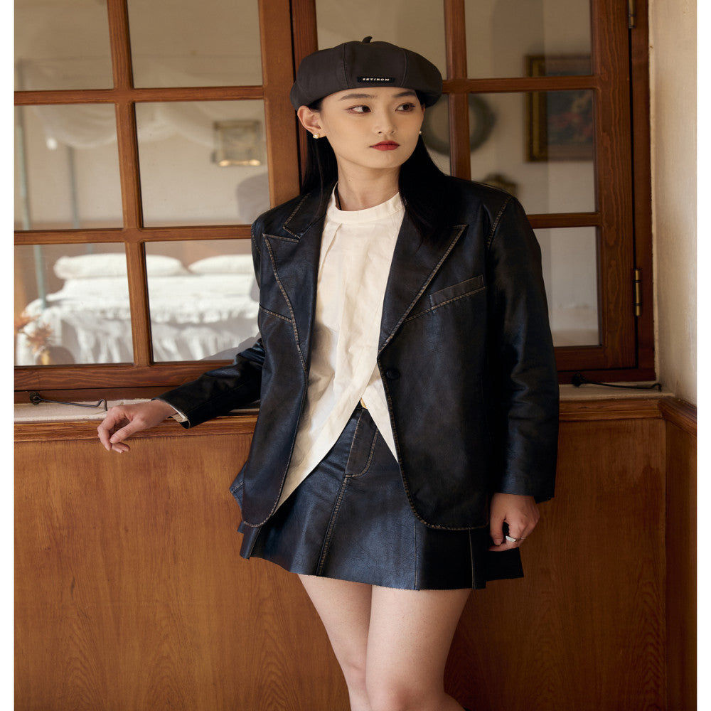 Nishimachi Muraya leather suit jacket women s versatile spring outfit new high end retro mid length top AA9218001 image 2