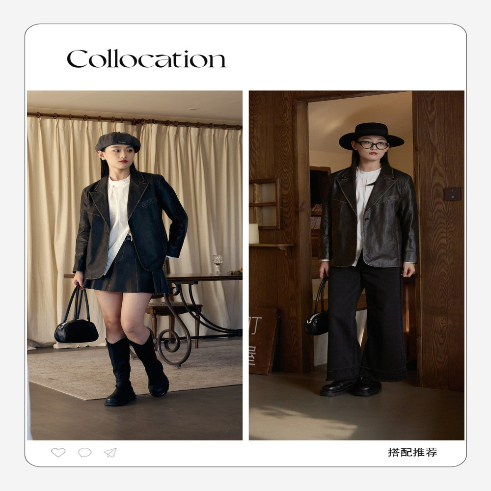 Nishimachi Muraya leather suit jacket women s versatile spring outfit new high end retro mid length top AA9218001 image 4