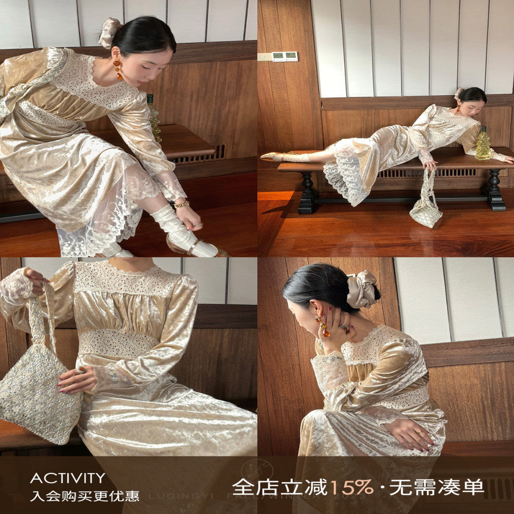 Welfare Leak Collection Lu Qing Ice Flower Bud French Dress for Women Autumn Retro Lace Bubble Sleeve Velvet Skirt image 1