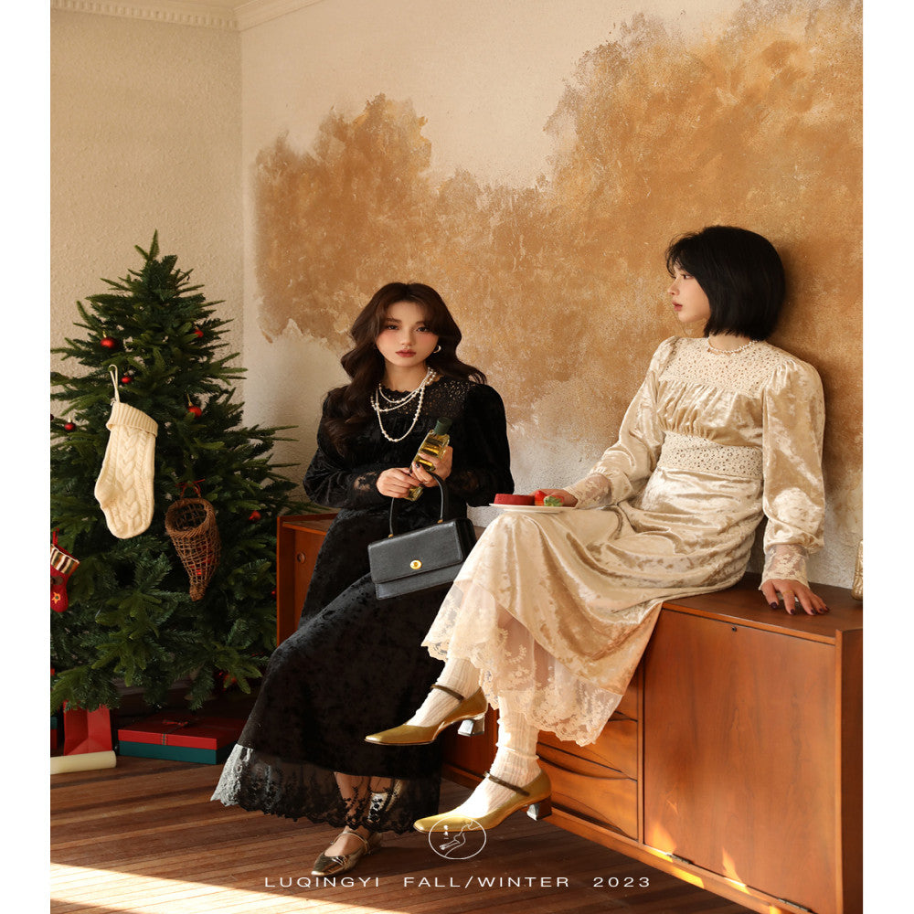 Welfare Leak Collection Lu Qing Ice Flower Bud French Dress for Women Autumn Retro Lace Bubble Sleeve Velvet Skirt image 5