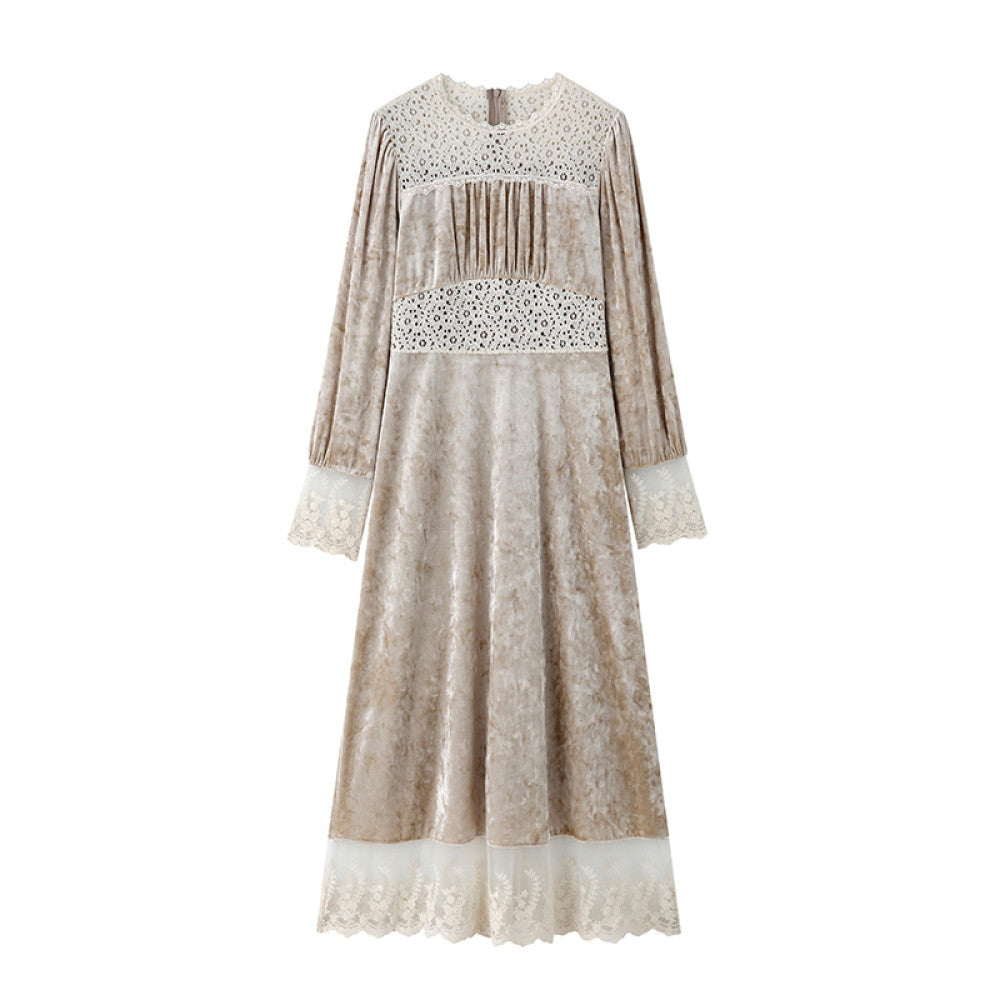 Welfare Leak Collection Lu Qing Ice Flower Bud French Dress for Women Autumn Retro Lace Bubble Sleeve Velvet Skirt image 6