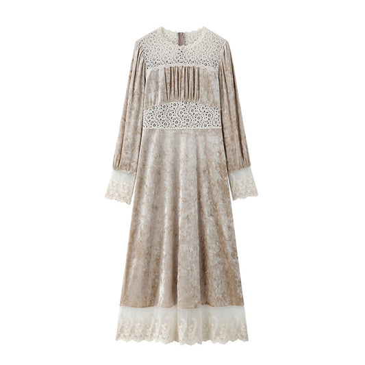 ASAYA2852 Autumn and winter retro design lace puff sleeves with velvet skirt