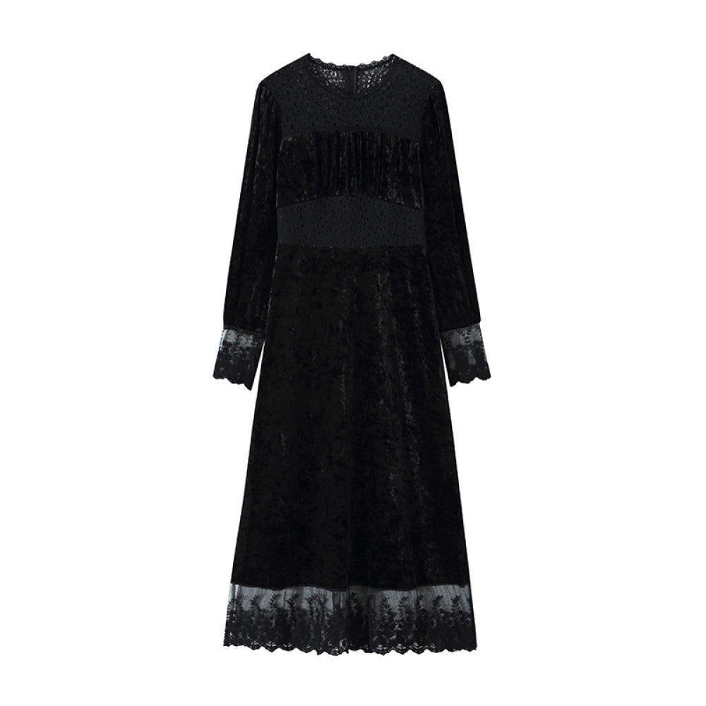 Welfare Leak Collection Lu Qing Ice Flower Bud French Dress for Women Autumn Retro Lace Bubble Sleeve Velvet Skirt image 49