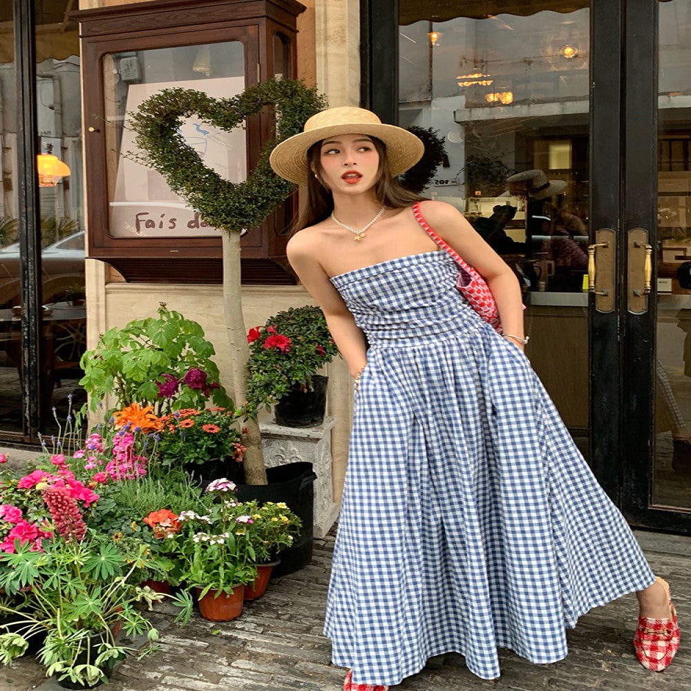 Jinyu Flower Blue Checkered French Dress Summer Women s 2025 New Open Back Sleeveless strapless Long Dress image 1