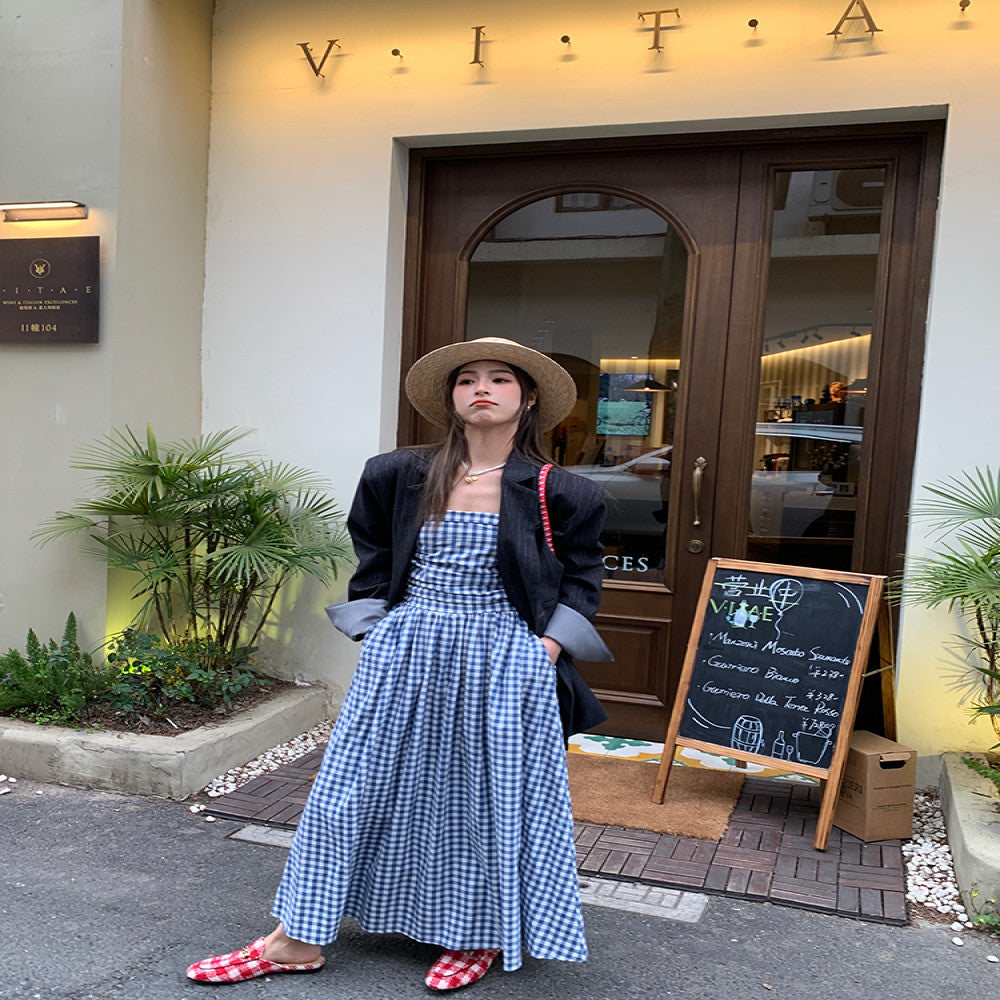 Jinyu Flower Blue Checkered French Dress Summer Women s 2025 New Open Back Sleeveless strapless Long Dress image 2