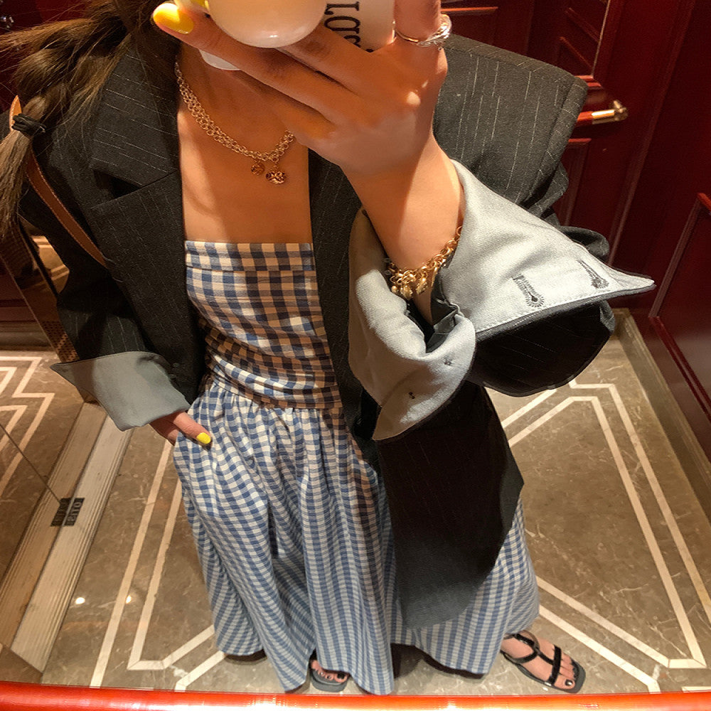 Jinyu Flower Blue Checkered French Dress Summer Women s 2025 New Open Back Sleeveless strapless Long Dress image 3