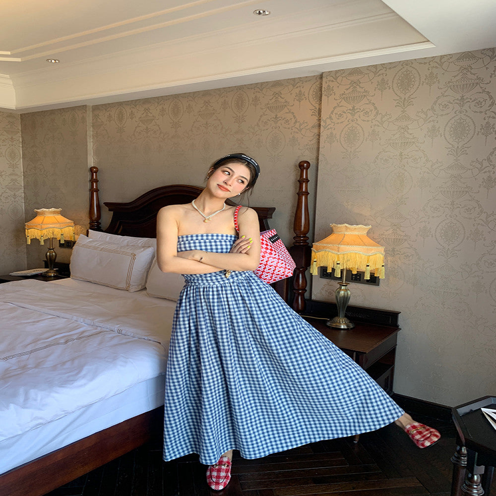 Jinyu Flower Blue Checkered French Dress Summer Women s 2025 New Open Back Sleeveless strapless Long Dress image 4