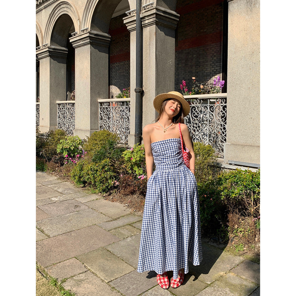 ASAYA2851 Jinyu floral blue plaid French dress