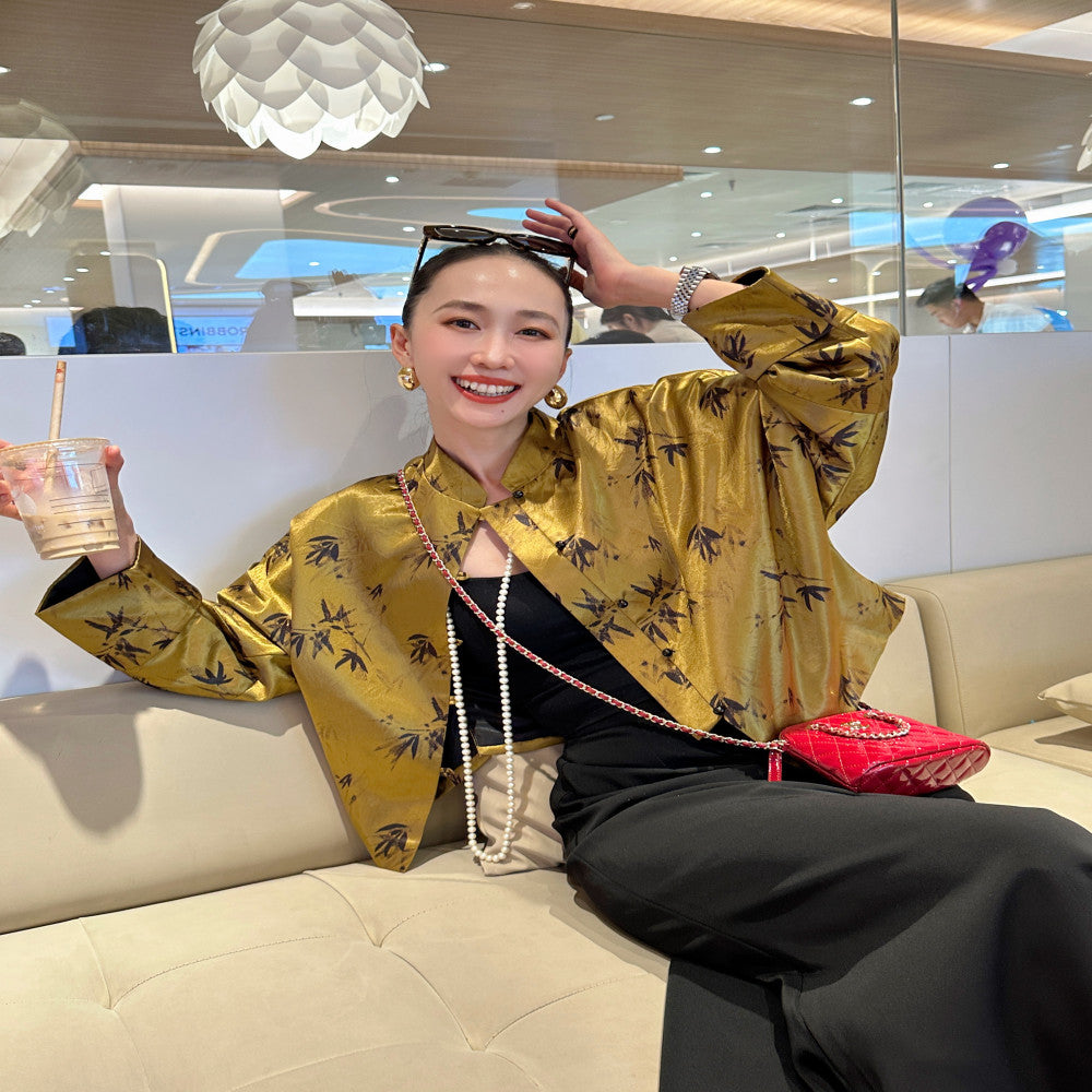 Leopard patterned fried noodles with a high end feel new Chinese style vinegar loose jacket women s Chinese style short Tang style shirt stand up collar top image 3