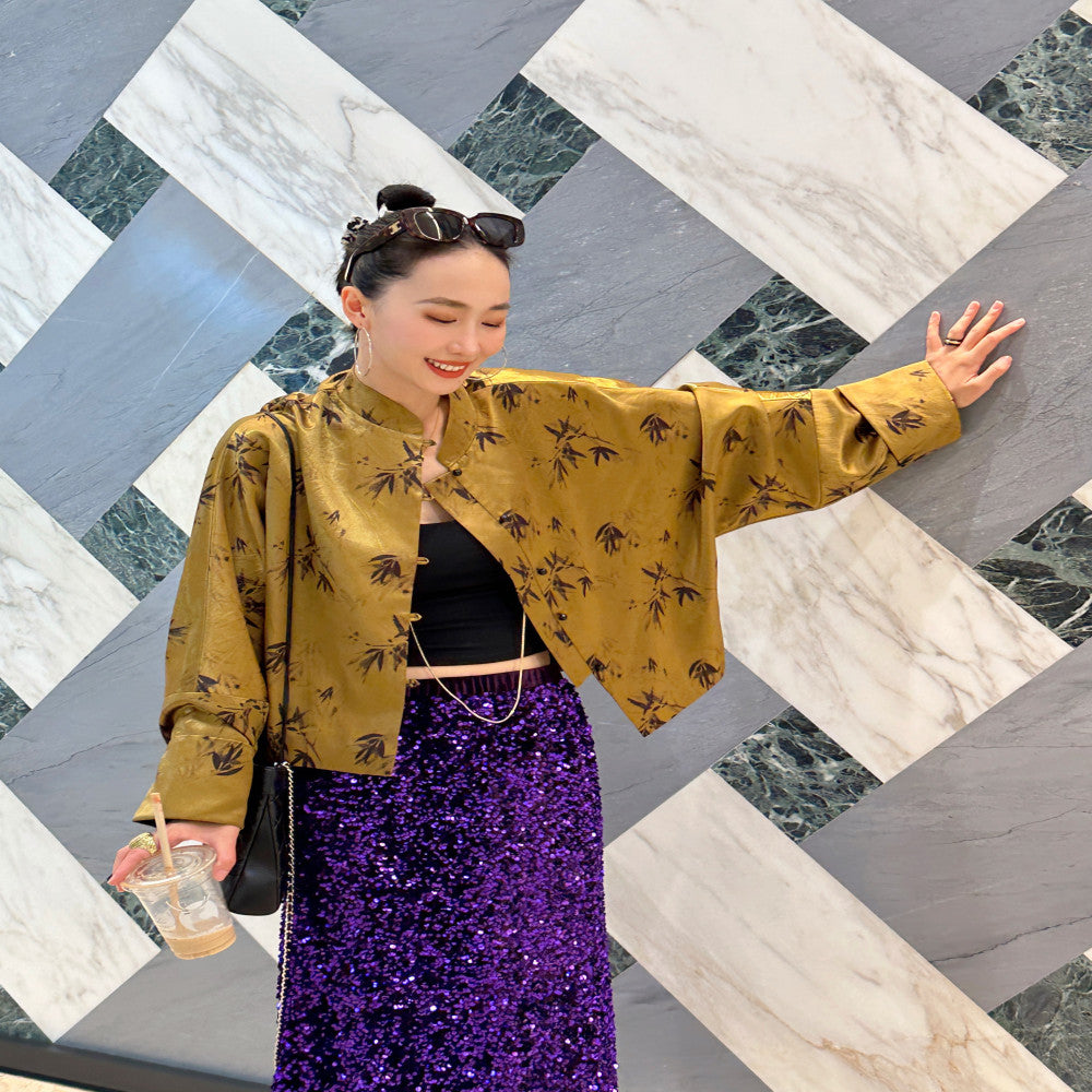 Leopard patterned fried noodles with a high end feel new Chinese style vinegar loose jacket women s Chinese style short Tang style shirt stand up collar top image 4