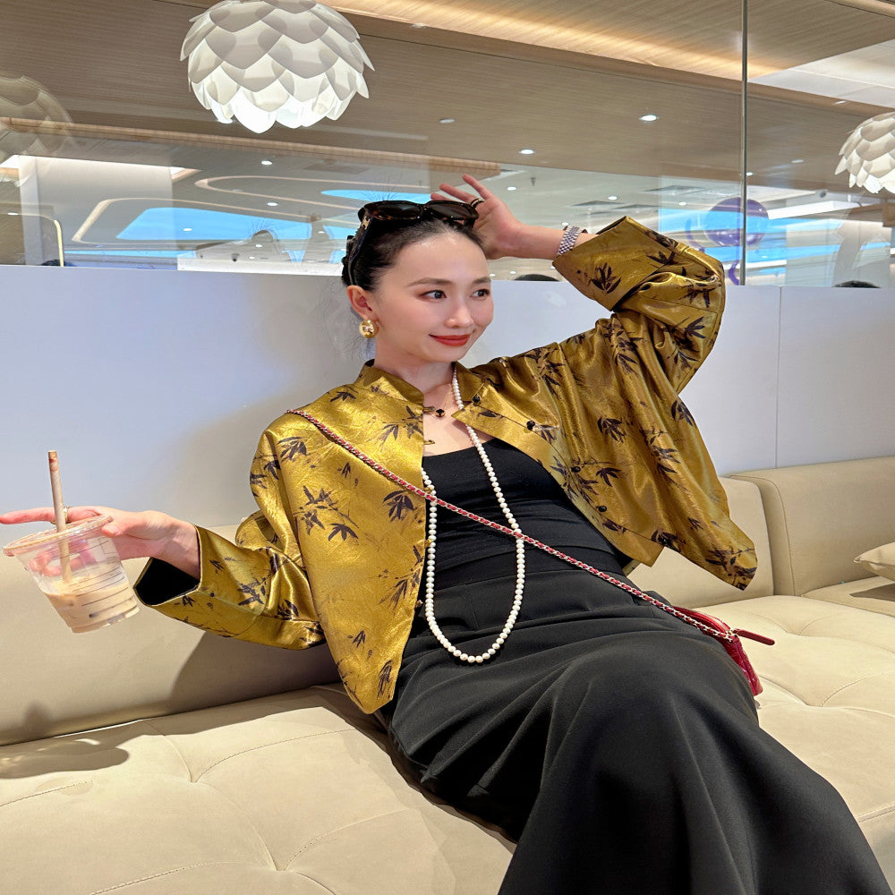 Leopard patterned fried noodles with a high end feel new Chinese style vinegar loose jacket women s Chinese style short Tang style shirt stand up collar top image 0