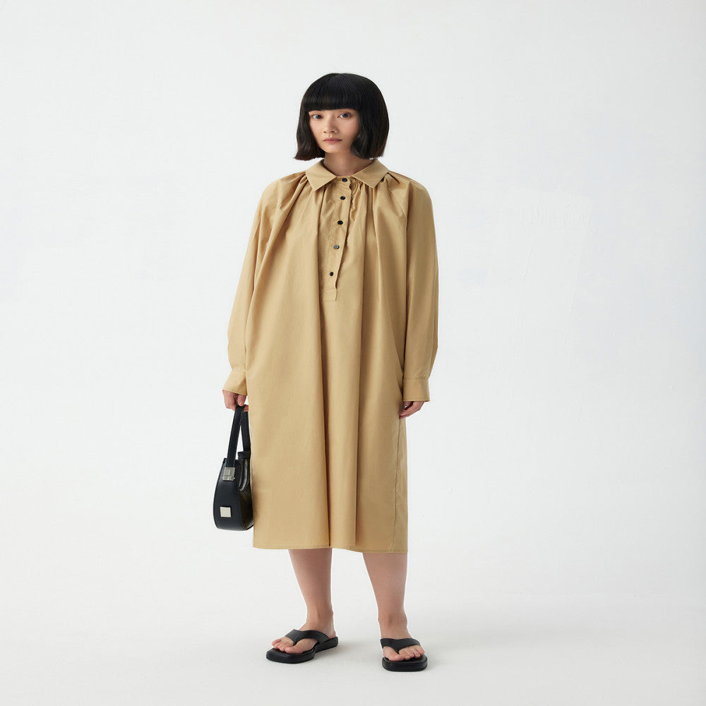 RANENE environmentally friendly cotton simple pleated semi placket shirt skirt 2023 spring and autumn design sense dress image 3