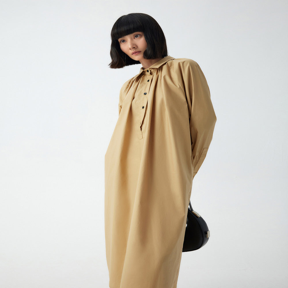 RANENE environmentally friendly cotton simple pleated semi placket shirt skirt 2023 spring and autumn design sense dress image 4