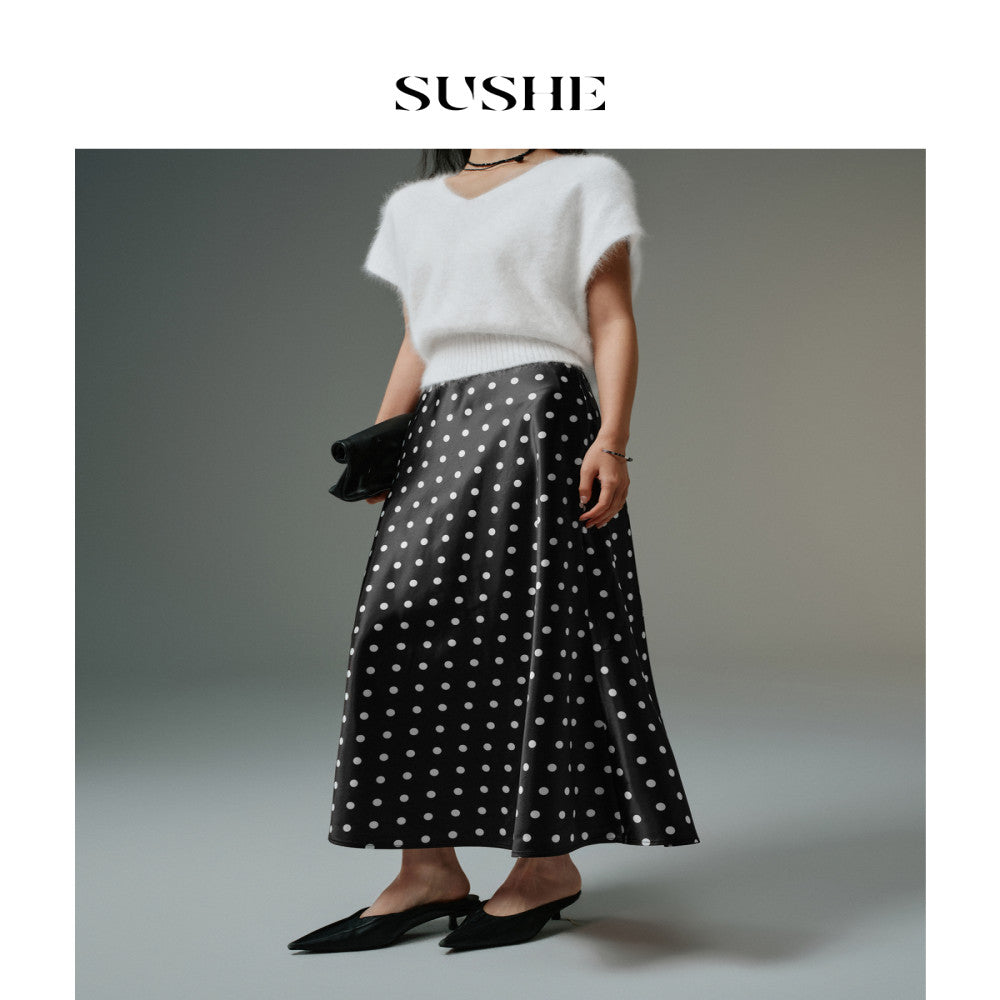 Shuxi SUSHE monsoon retro style flowing satin design new wave dot long A line skirt for women autumn image 4