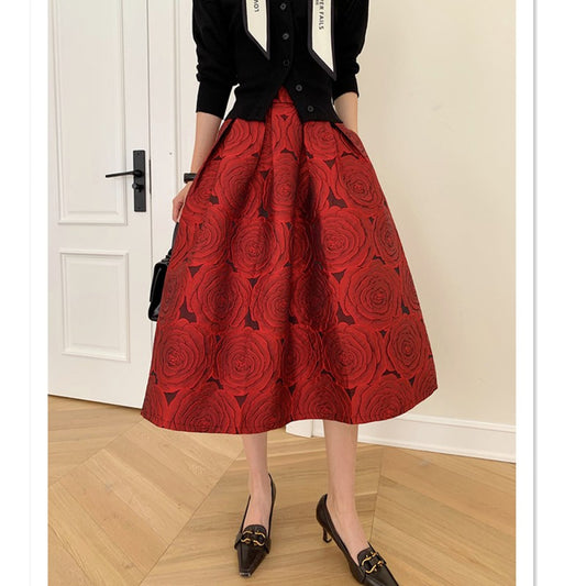 ASAYA2781 New noble red three-dimensional flower Hepburn skirts