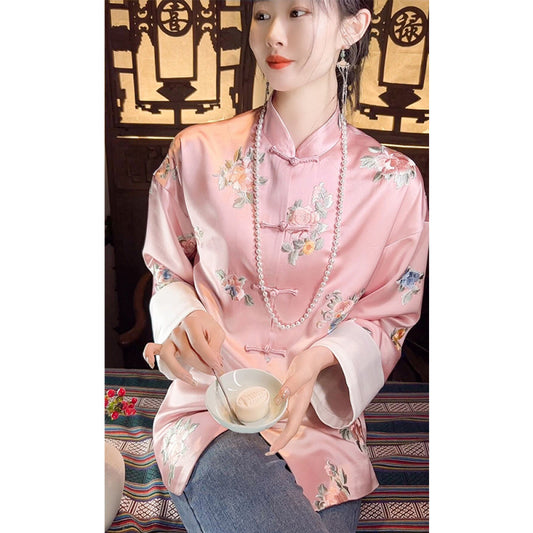 ASAYA2743 Chinese Style Jacket Women’s Autumn Retro Disk Button Small Stand Collar Acet