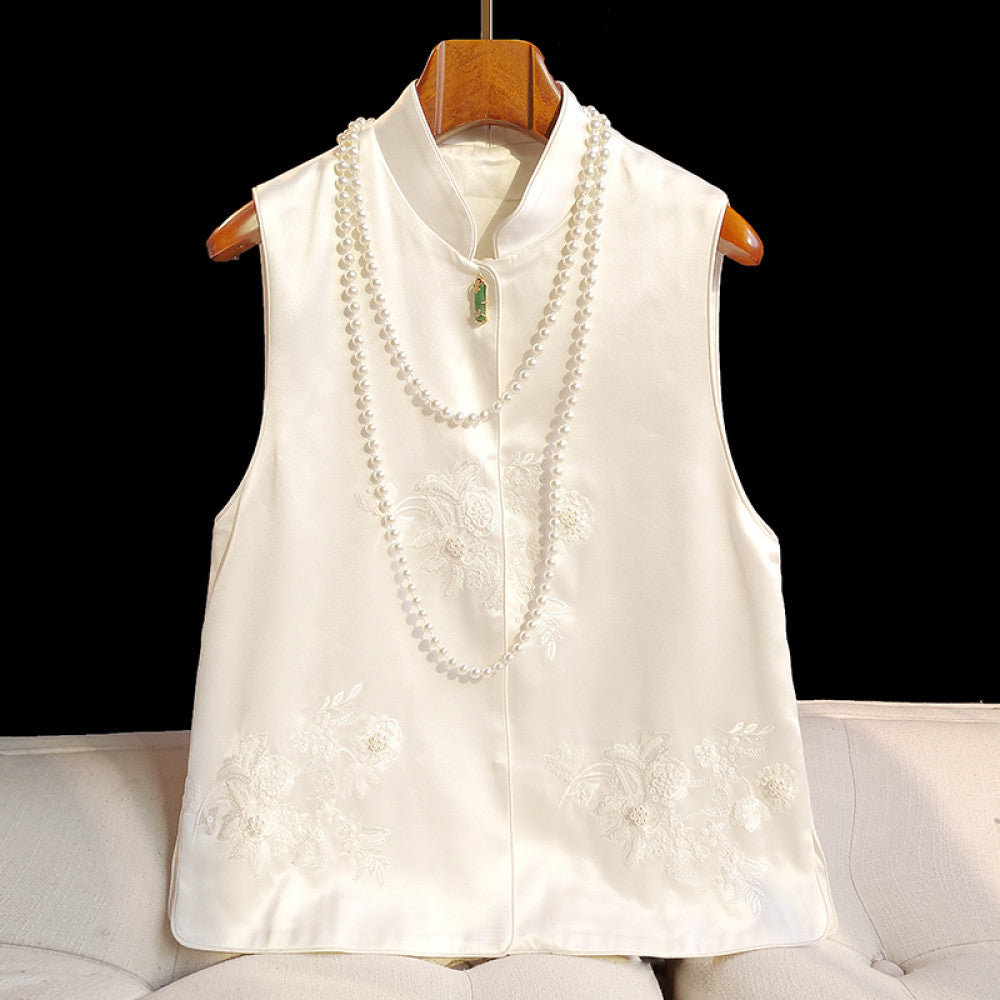 Advanced sense of acetic acid new Chinese style vest for women design sense of jade bamboo buckle nail bead embroidery top jacket image 16