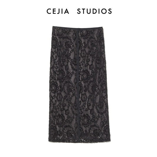 ASAYA2689 High waist over the knee dark gray commuter straight lace skirt