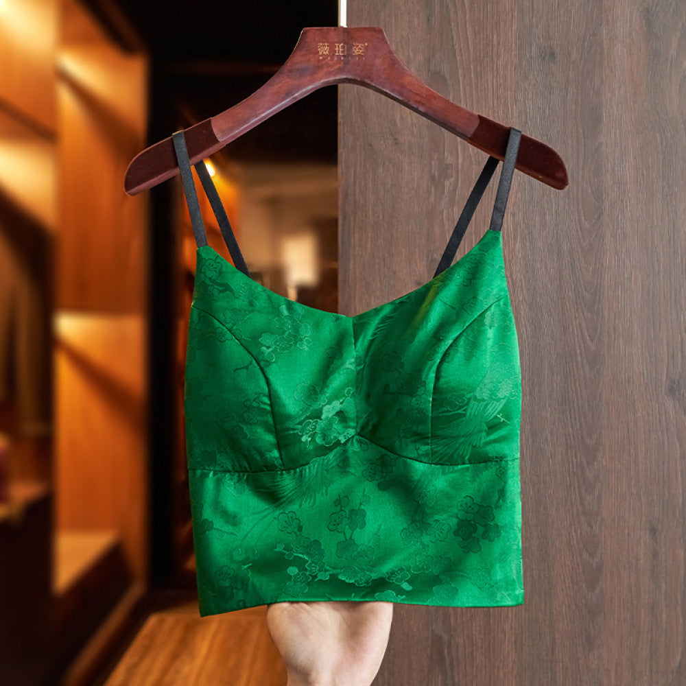 Green high end silk camisole vest 2024 new women s belt chest cushion with retro jacquard chic short top image 4