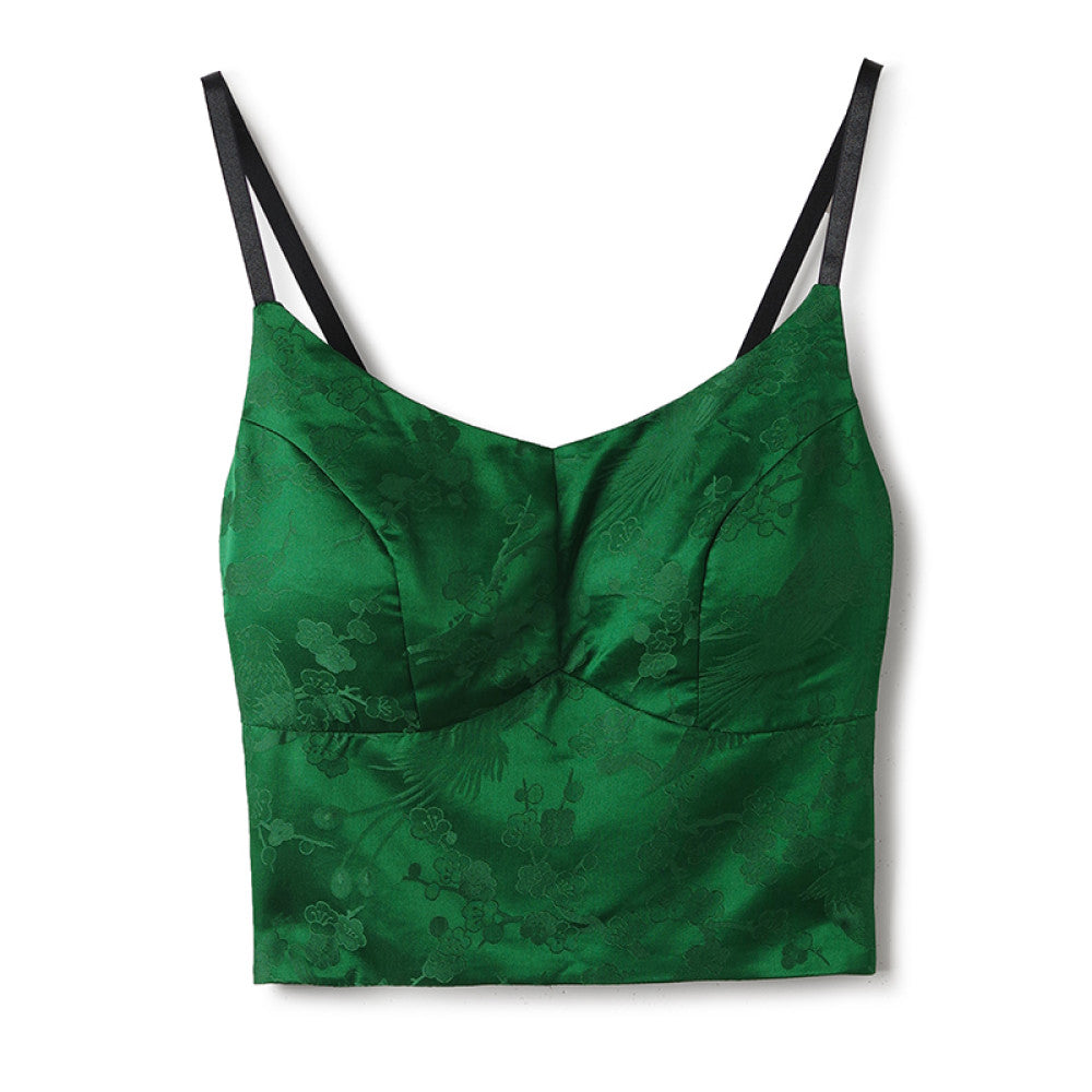 Green high end silk camisole vest 2024 new women s belt chest cushion with retro jacquard chic short top image 5