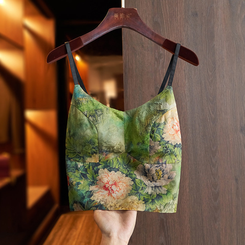 Green high end silk camisole vest 2024 new women s belt chest cushion with retro jacquard chic short top image 6