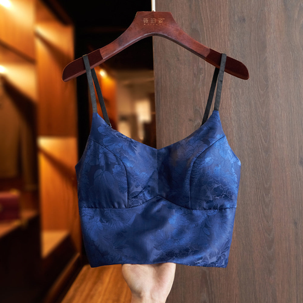 Green high end silk camisole vest 2024 new women s belt chest cushion with retro jacquard chic short top image 15