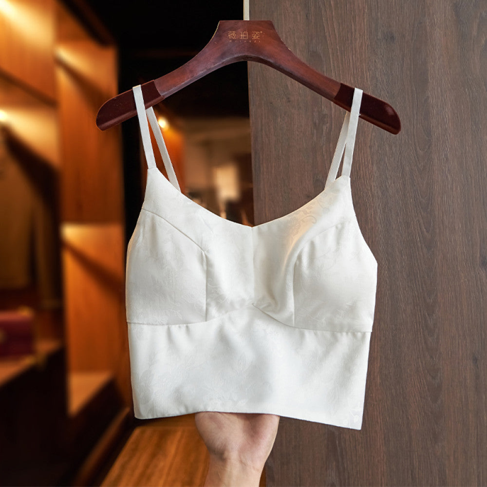 Green high end silk camisole vest 2024 new women s belt chest cushion with retro jacquard chic short top image 23