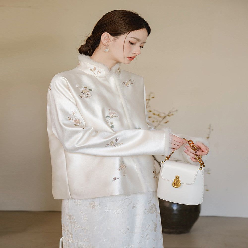 Mountain colored new Chinese style coat for autumn and winter original Chinese style women s clothing apricot embroidered thick mink fur cotton jacket image 2